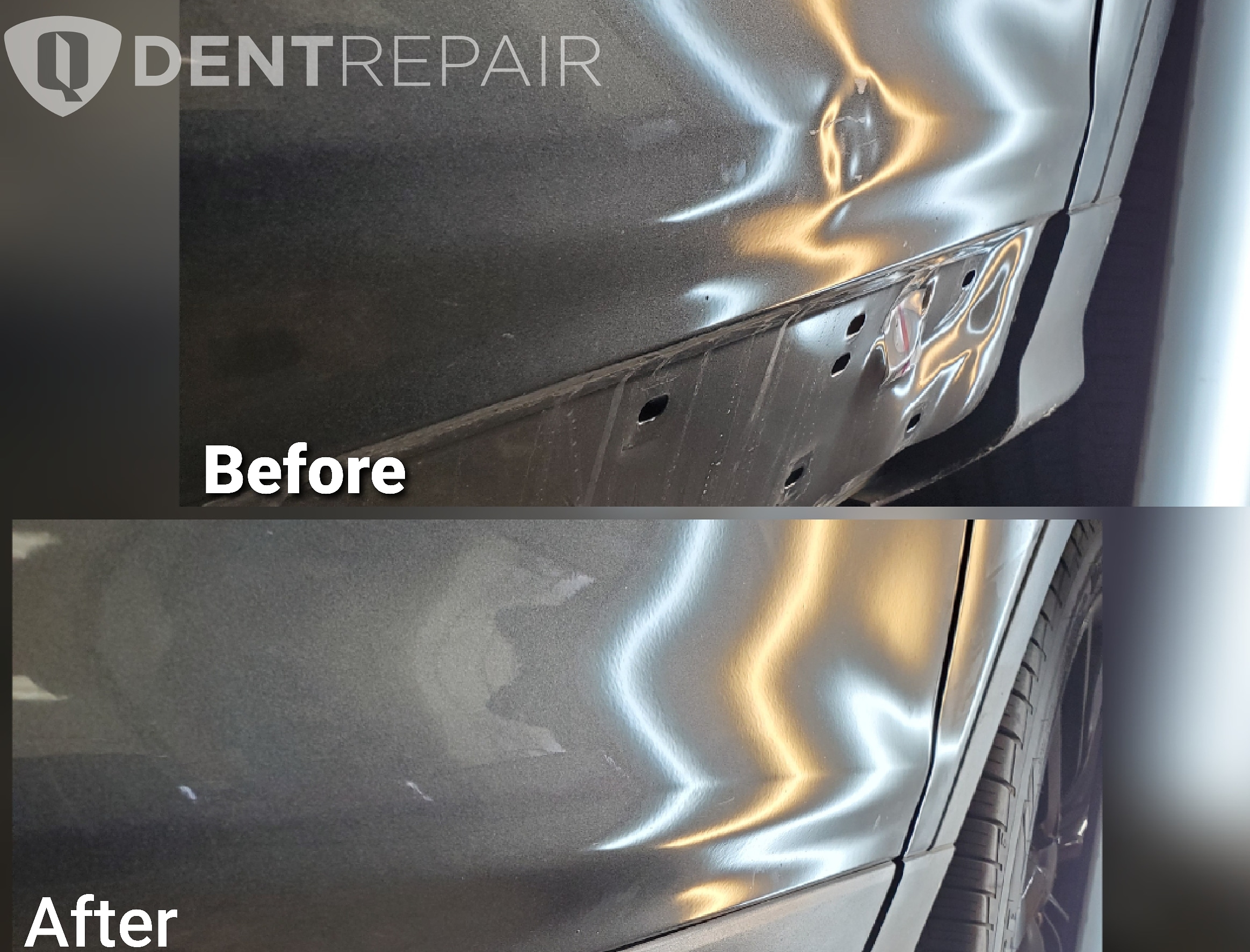 blue car before and after dent
