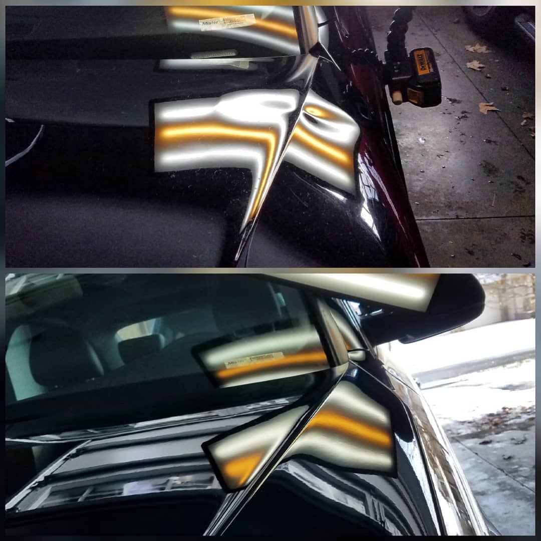 black car before and after dent